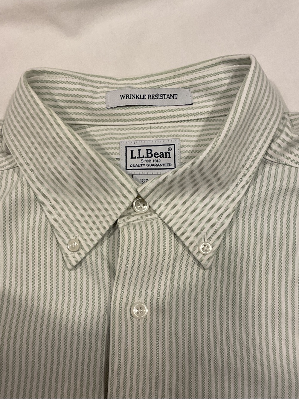 L.L. Bean Men's Light Green and White Striped Button-Down Shirt